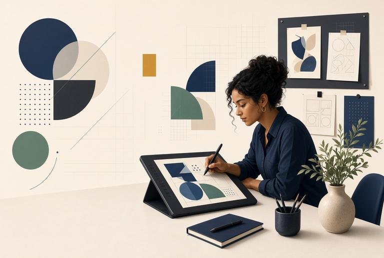 A freelance graphic designer at a drawing tablet