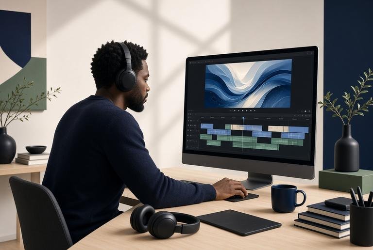 A freelance video editor working on a timeline